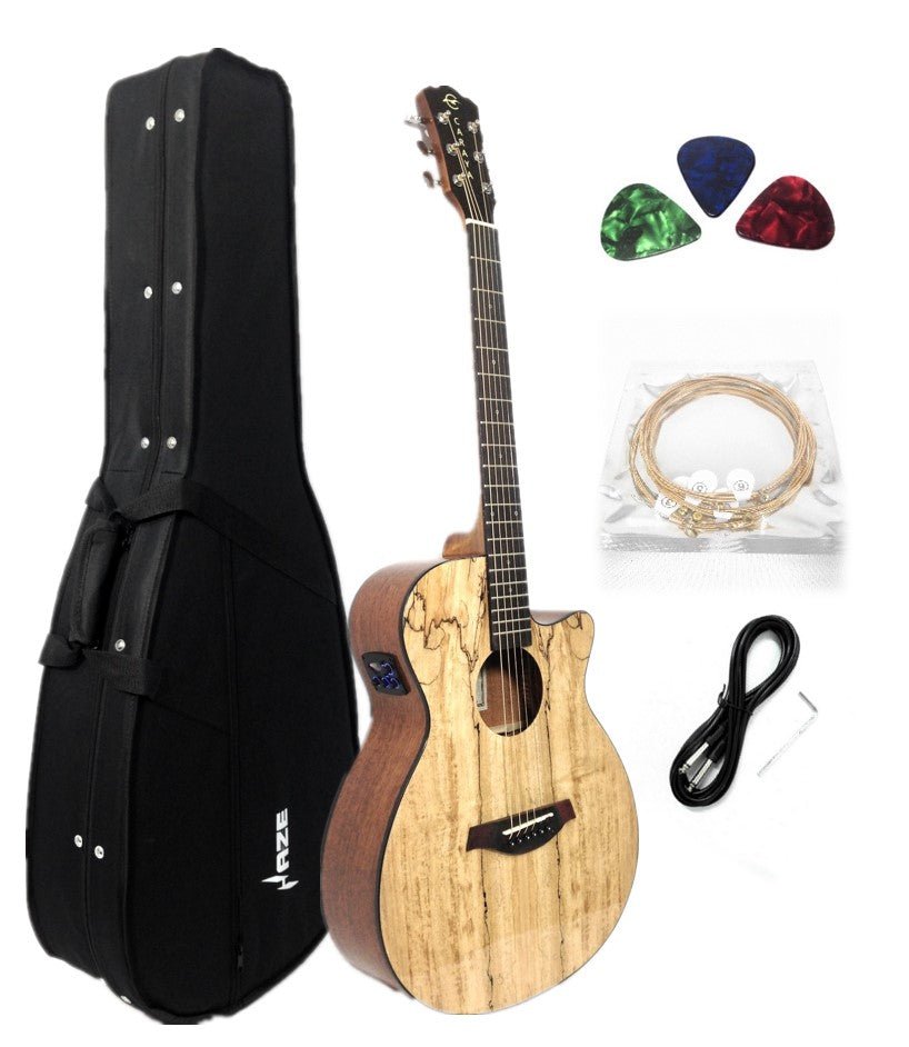 Caraya Spalted Spruce Built-In Pickups/Tuner OM Cutaway Acoustic Guitar - Natural HSGYPSYCEQGC